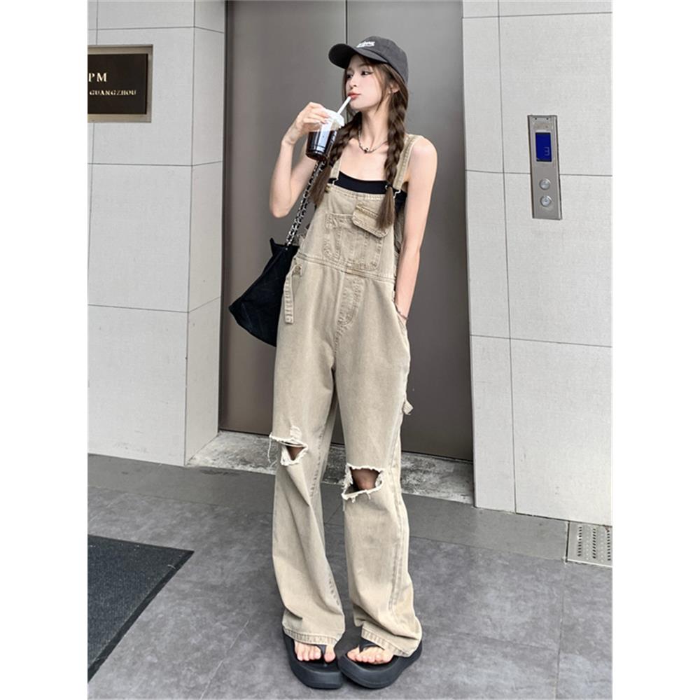 高街破洞工装牛仔背带裤女夏美式复古宽松显瘦休闲直筒阔腿连体裤