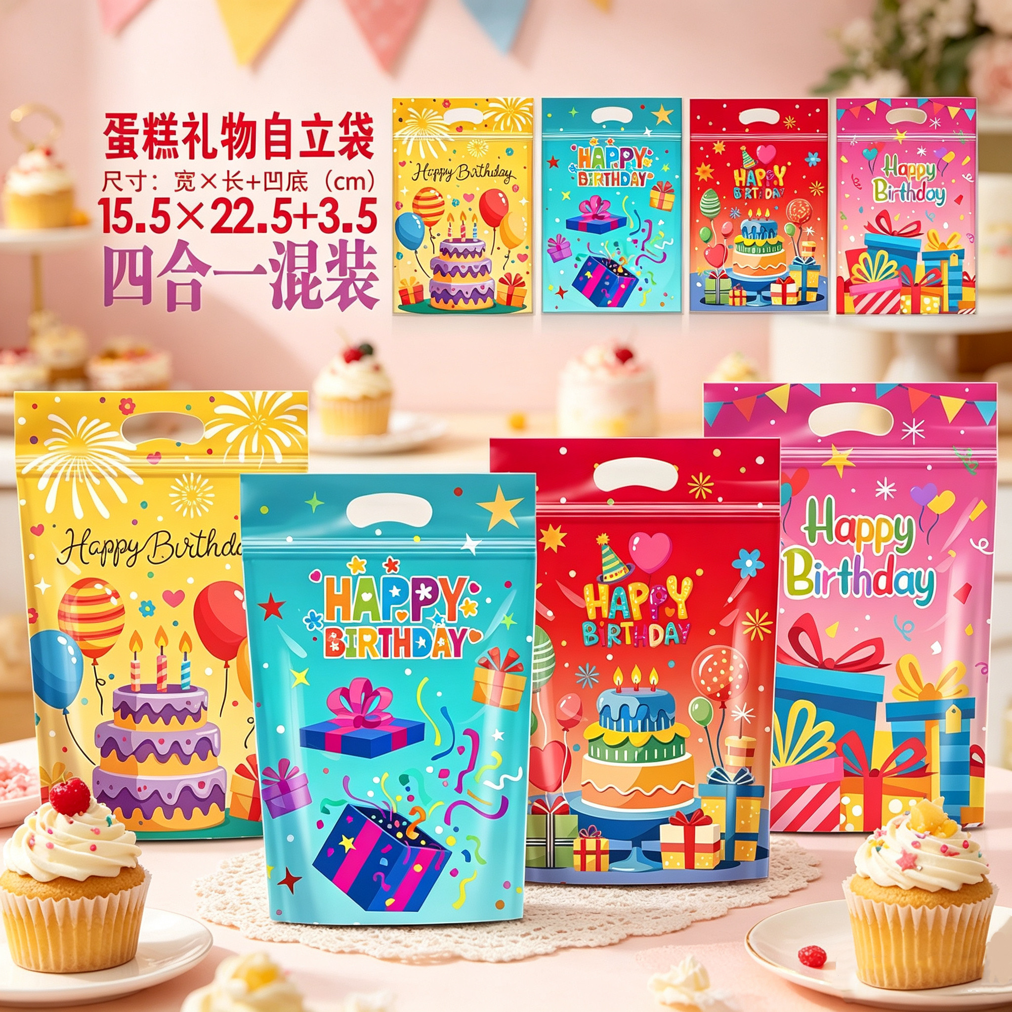 卡通生日礼品袋曲奇饼干烘焙自立袋零食糖果包装袋生日主题自封袋