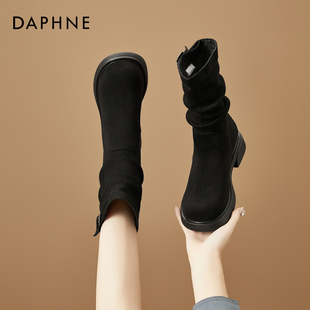 达芙妮中短靴2025冬季新款黑色皮带扣堆堆靴牛仔风时尚短靴子女款