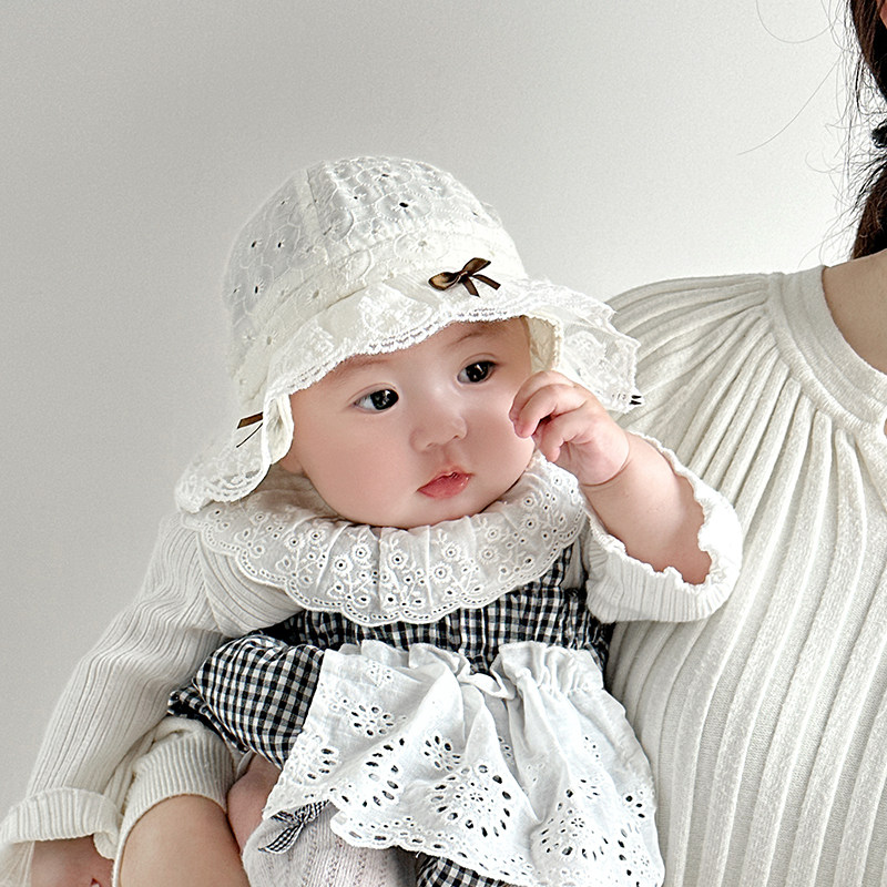 婴儿帽子春秋季女宝宝渔夫帽甜美公主帽遮阳防晒薄款6到12个月夏