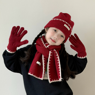儿童帽子女孩2025新款冬季毛线帽围巾三件套保暖护耳女童红色洋气