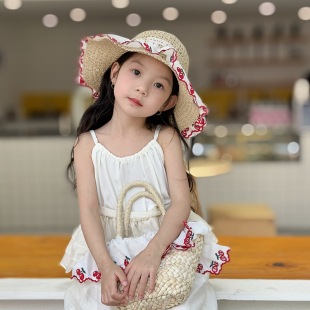 儿童帽子女孩遮阳夏季大帽檐草帽出游海边太阳帽女童甜美太阳帽