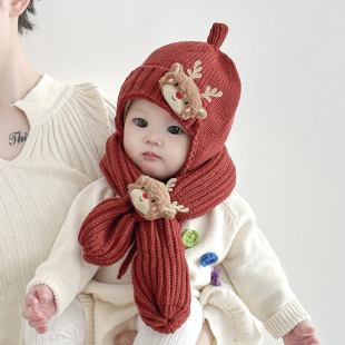 婴儿帽子秋冬季帽子围巾套装宝宝冬天毛线帽保暖防风婴幼儿针织帽