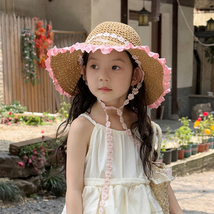 儿童帽子女孩夏季大帽檐出游遮阳帽草帽洋气女童海边沙滩太阳帽