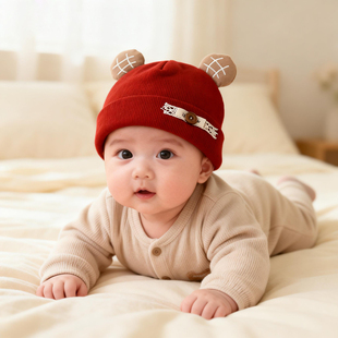 婴儿帽子0到3个月小月龄宝宝冬季保暖厚胎帽红色洋气可爱男宝女宝