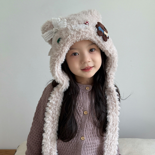 儿童帽子女孩2025新款冬季毛绒帽保暖护耳女童洋气时髦毛线帽可爱
