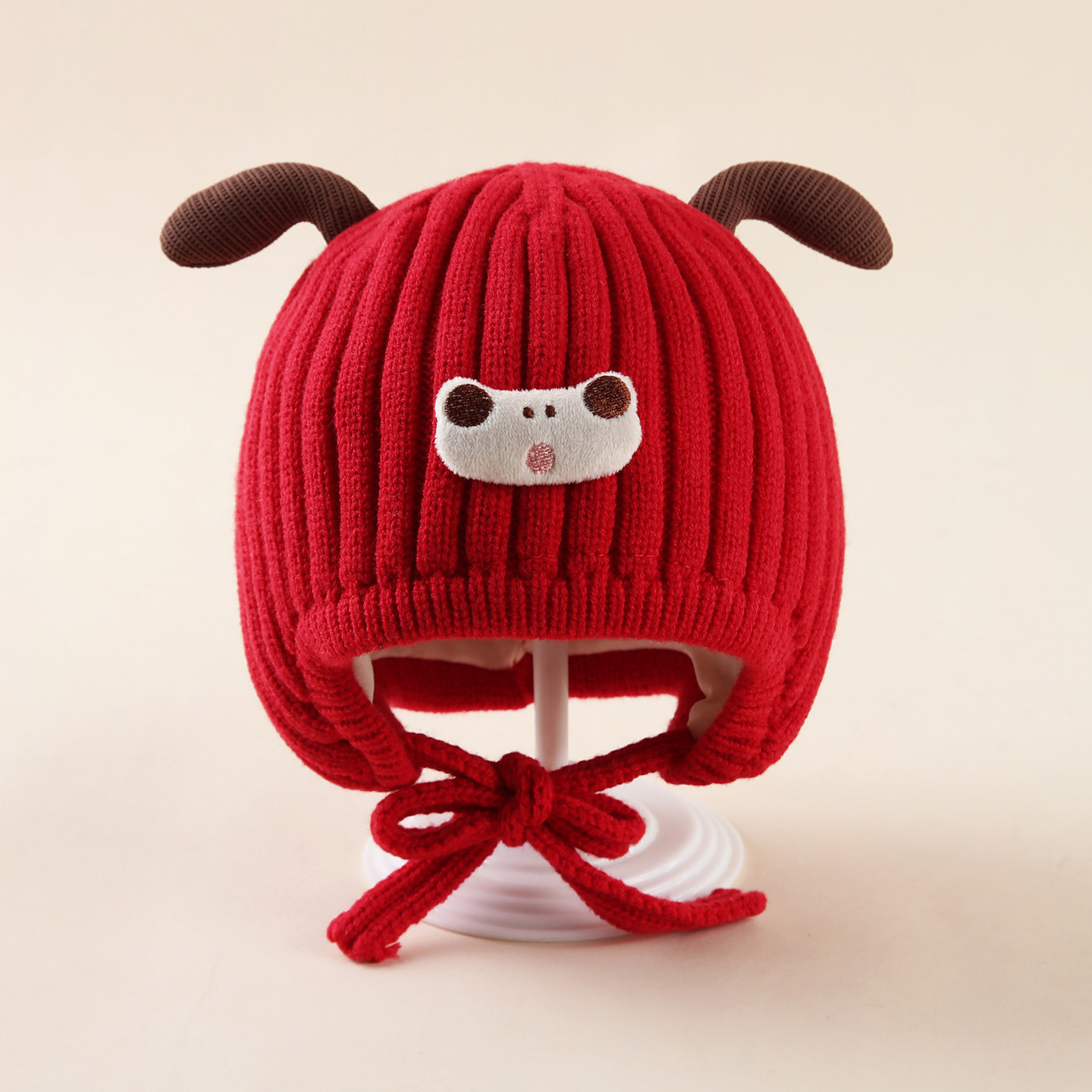 婴儿帽子冬天保暖毛线帽0到3个月小月龄红色护耳针织帽宝宝可爱帽