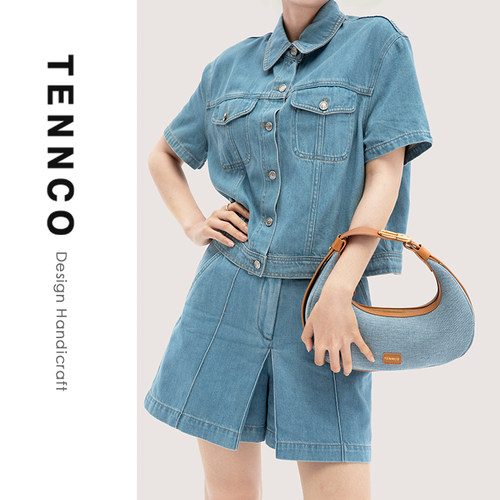 tennco原创牛仔真皮手提月牙包