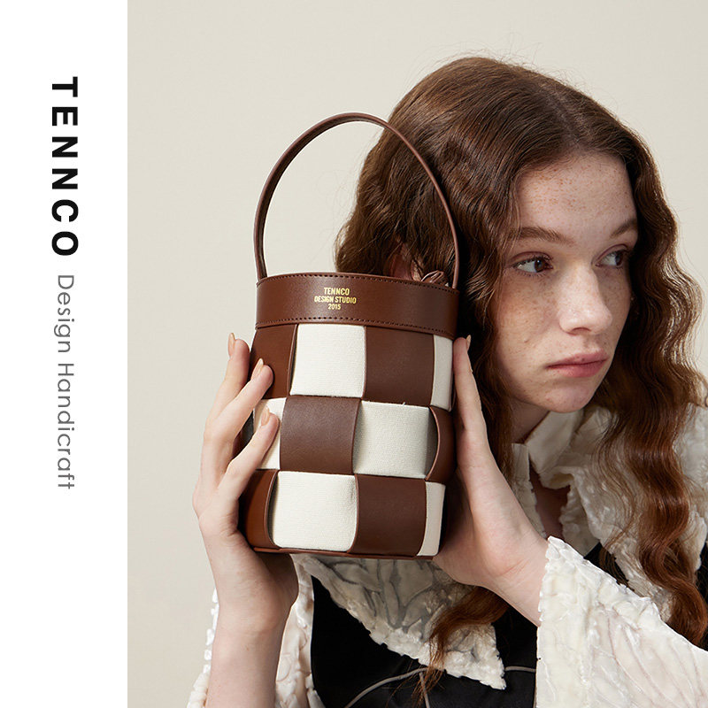 TENNCO原创【水桶包】七夕礼物小众真皮帆布拼接斜跨手提棋盘女包