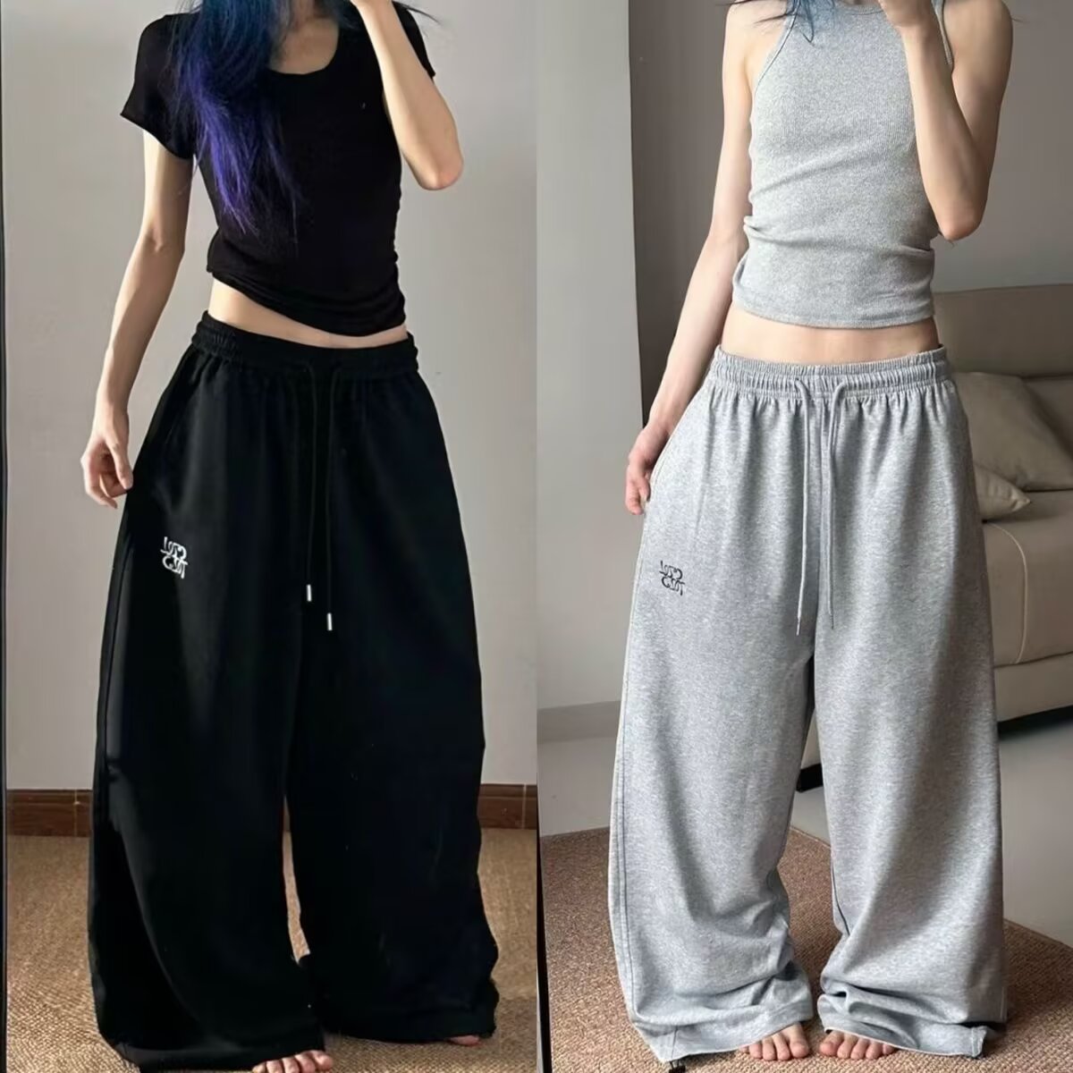 2025秋冬新款复古纯色宽松直筒卫裤女生潮流宽松运动休闲长裤