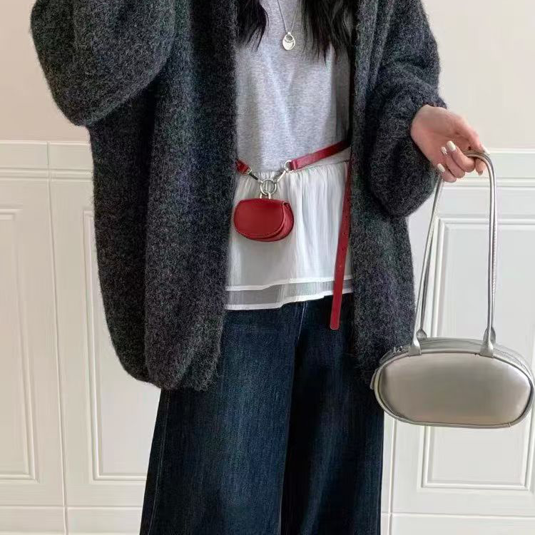 韩系连帽毛衣外套中长款慵懒宽松软糯温柔风秋冬季灯笼袖针织开衫