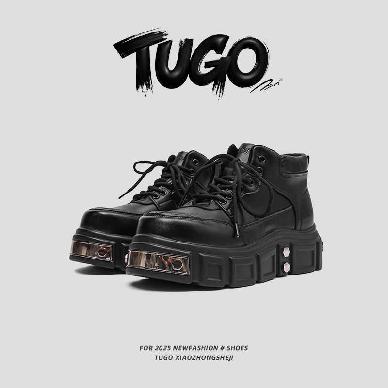 TUGO设计师款朋克风马丁靴男厚底增高机车靴黑色板鞋松糕短靴子男