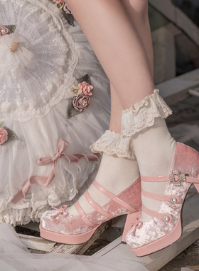 现货白茶入梦小夜茶子丝绒原创lo鞋珍珠蝴蝶结三扣复古防水台高跟