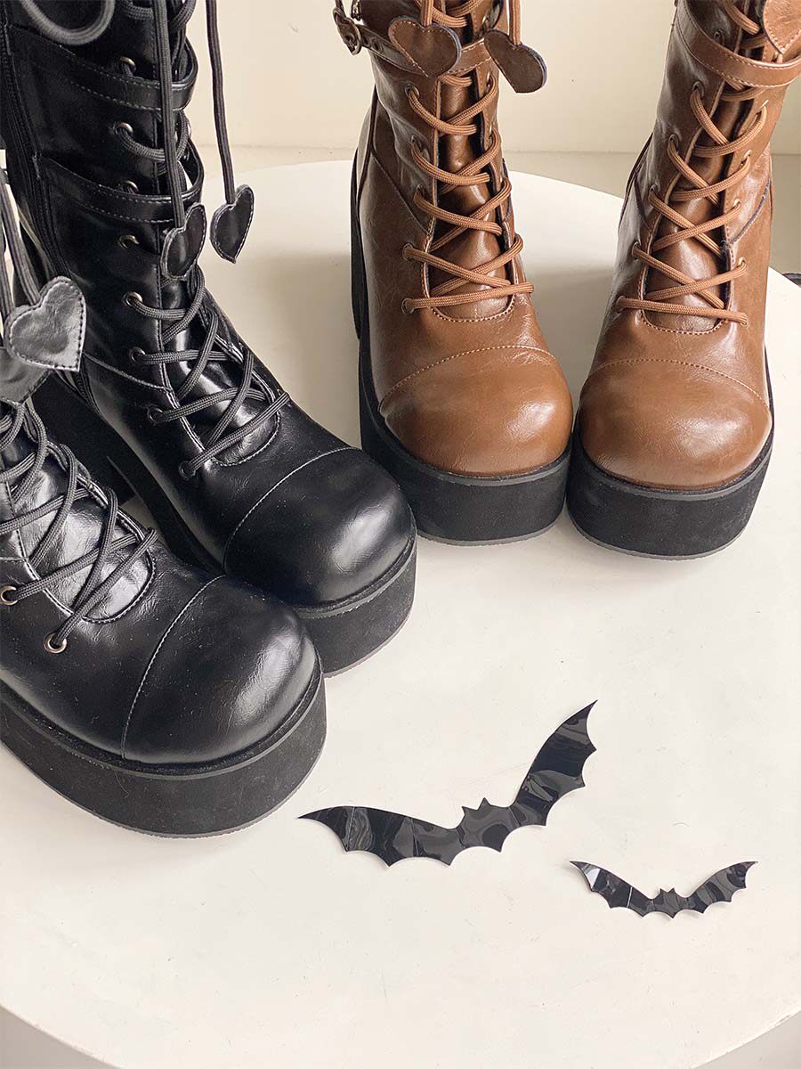 2026 Spring New Bow High Top Boots Thick Bottom Round Head Mid Length Boots Black Caramel_voghion.com