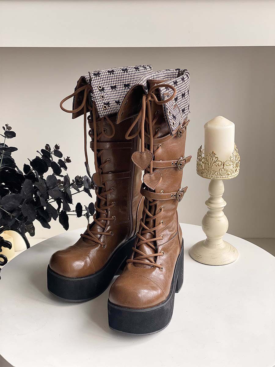 2026 Spring New Bow High Top Boots Thick Bottom Round Head Mid Length Boots Black Caramel_voghion.com