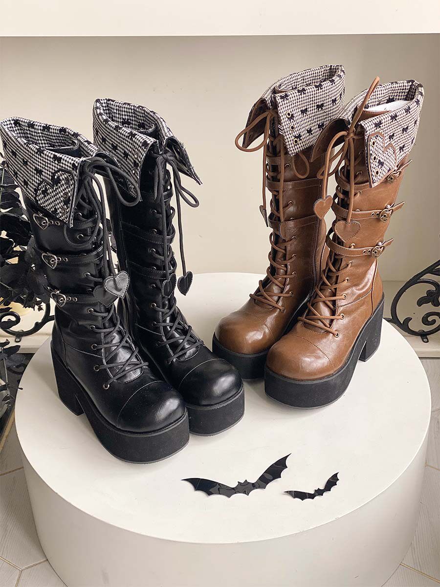 2026 Spring New Bow High Top Boots Thick Bottom Round Head Mid Length Boots Black Caramel_voghion.com