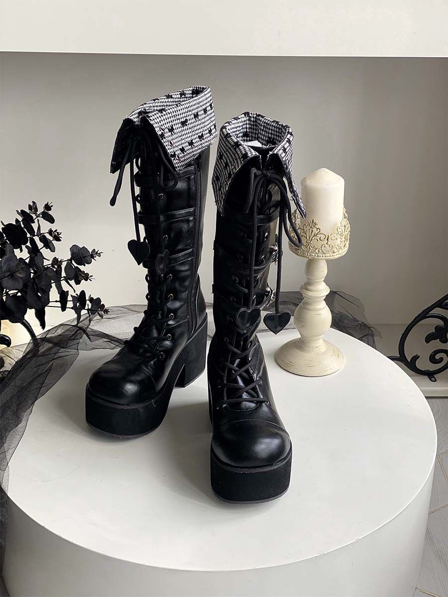 2026 Spring New Bow High Top Boots Thick Bottom Round Head Mid Length Boots Black Caramel_voghion.com