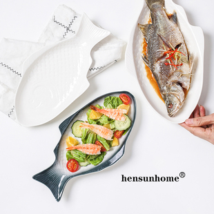 hensunhome家用清蒸鱼盘耐高温盘子微波炉专用鱼盘长鱼盘网红餐具