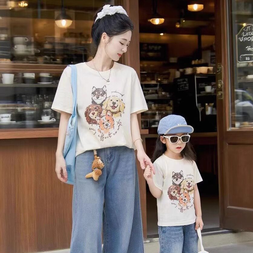【原创】一家三口四口亲子装纯棉短袖可爱小狗韩版全家福母女t恤
