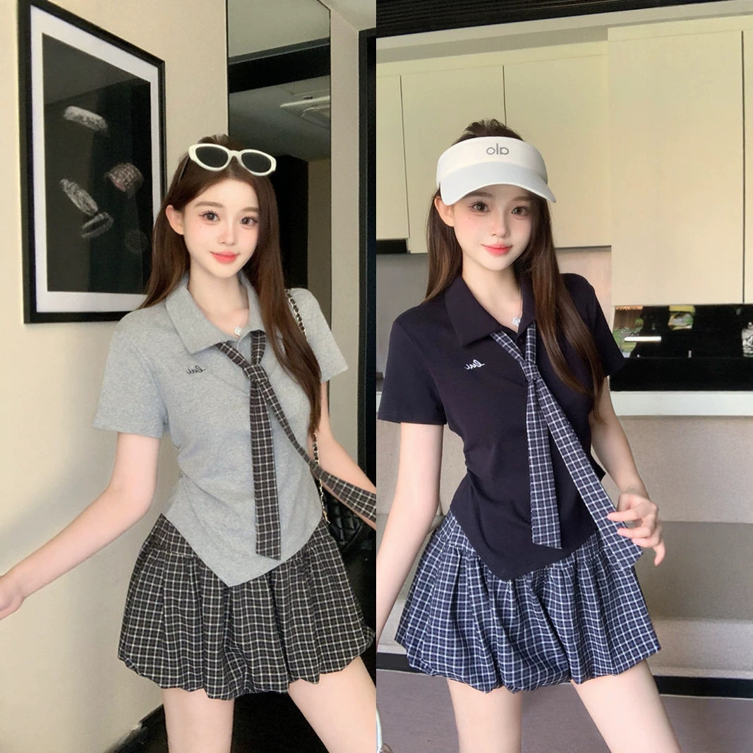 2026年夏装新款胖mm大码女学院风polo领领带短袖格子半身裙套装