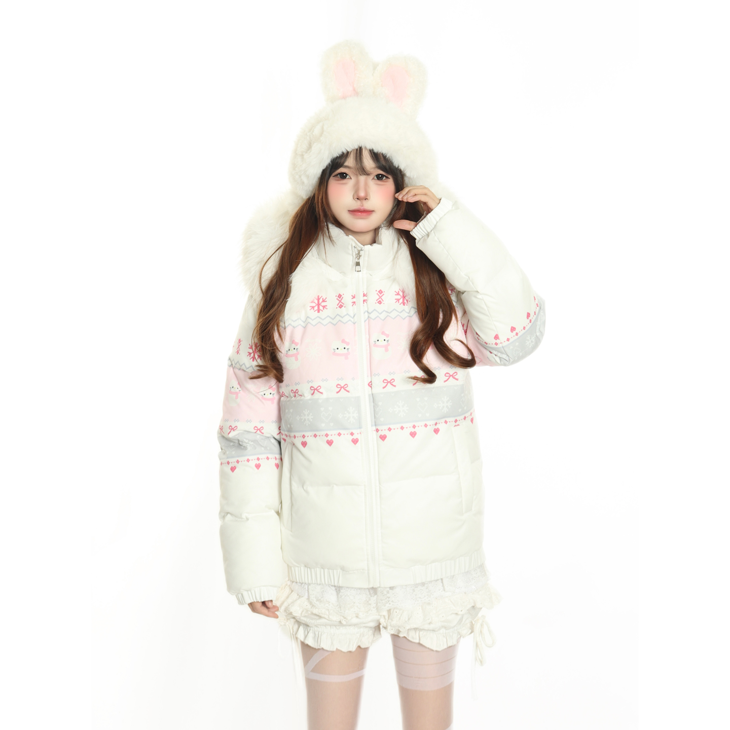 原创费尔岛甜美KT猫毛领连帽棉服