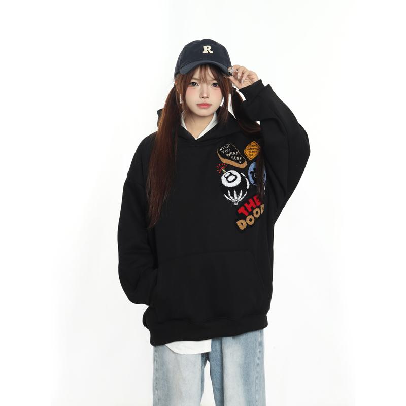 美式刺绣植绒徽章宽松情侣款卫衣