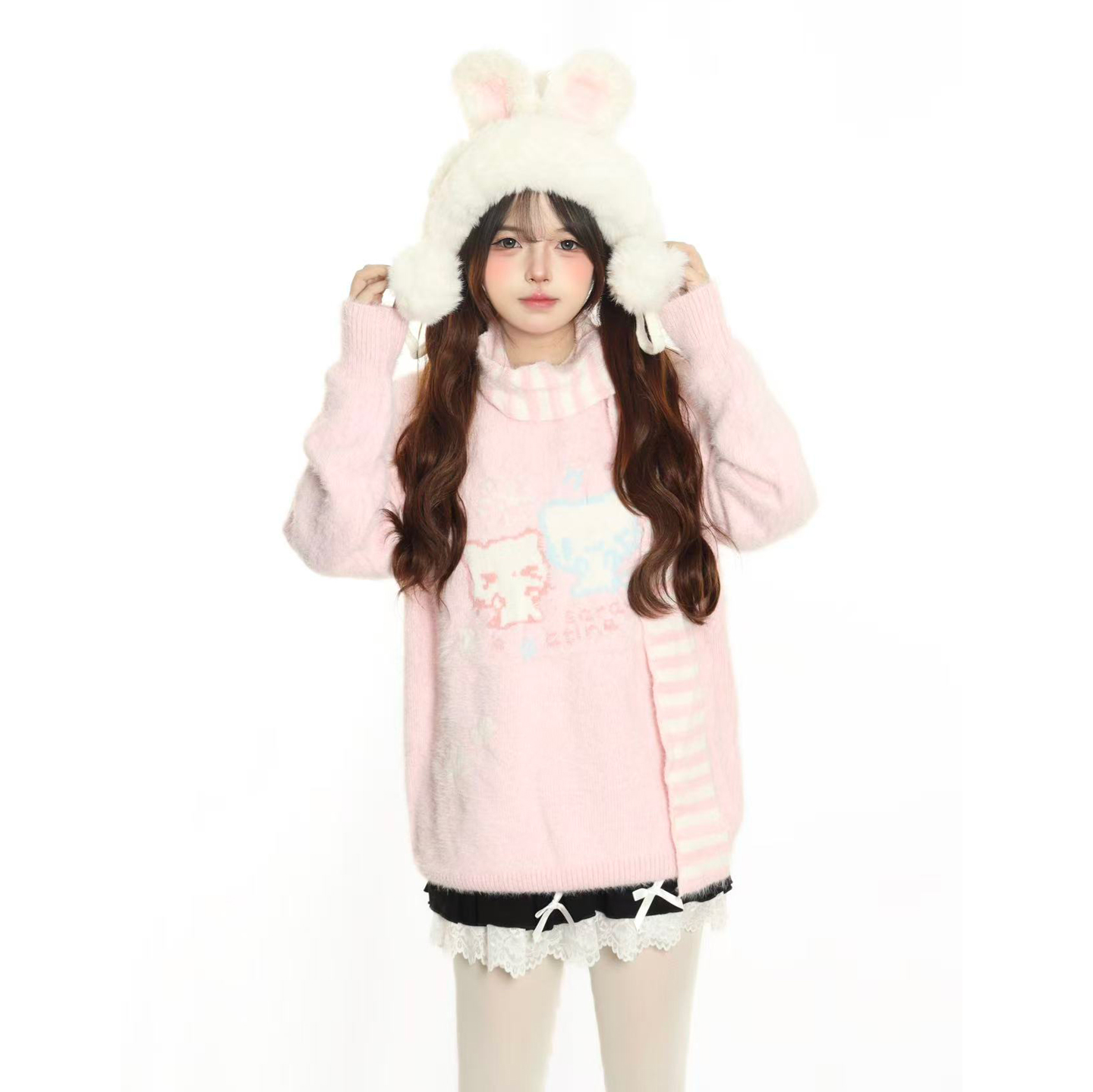 原创甜美猫咪条纹围巾毛衣女百搭