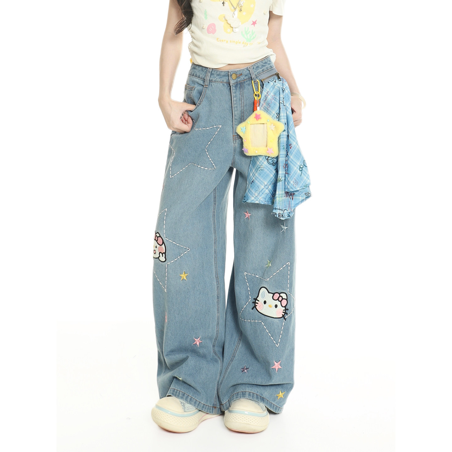 小杭还没吃饱原创美式小猫刺绣格纹星星牛仔裤女宽松设计感长裤潮