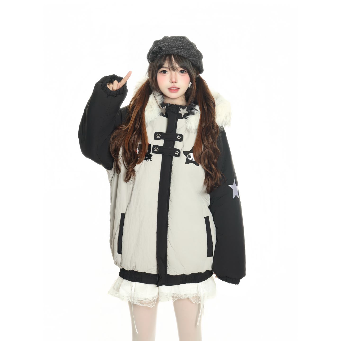 原创甜酷猫咪星星刺绣拼色棉服女