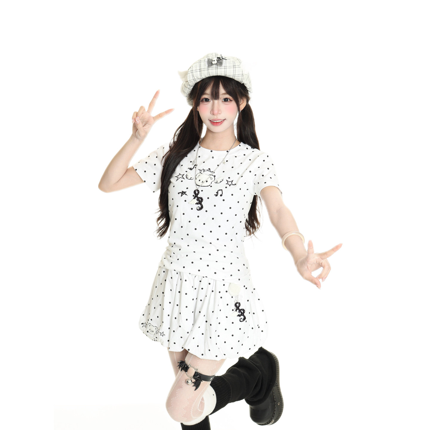 小杭还没吃饱原创美式波点小熊短袖女修身显瘦百搭短裤T恤套装潮