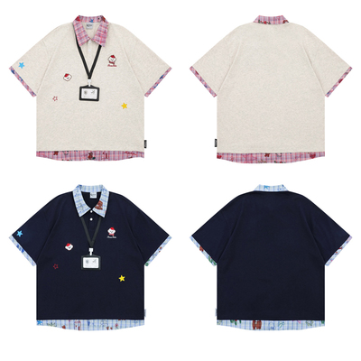 学院风假两件小狗刺绣POLO短袖女