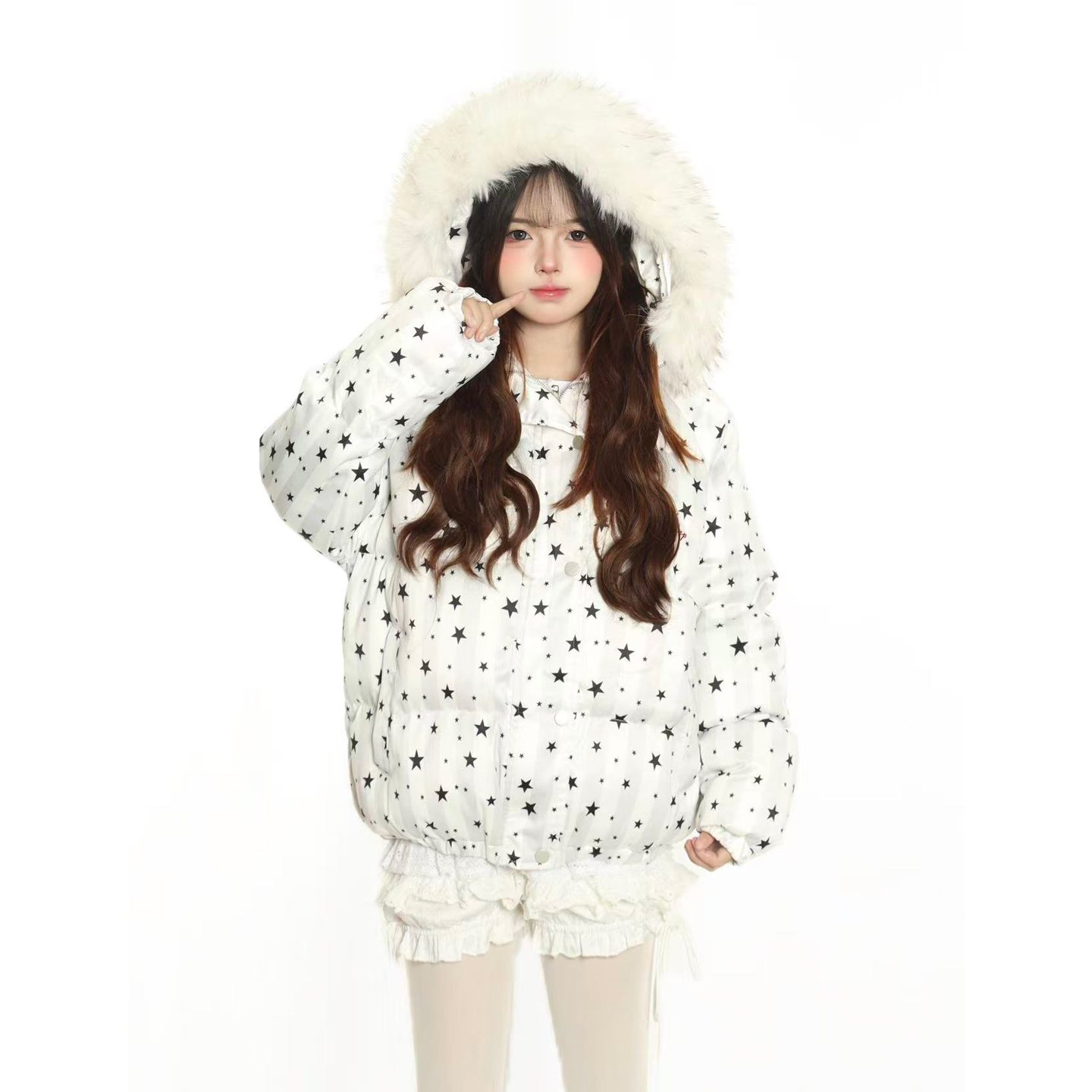 小杭还没吃饱原创设计感满印星星毛领连帽棉服女宽松加厚保暖外套