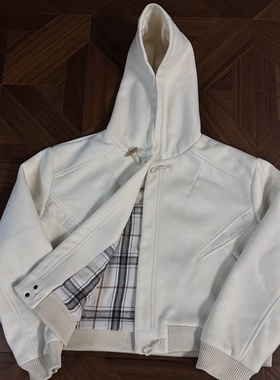 RTIMFD苏格兰拼羊毛混纺毛呢牛角扣连帽外套cleanfit秋冬拉链夹克