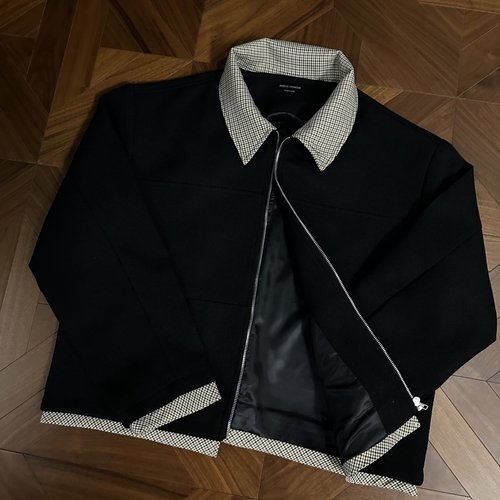 拼接粗纱短款拉链夹克千鸟格