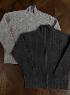 RTIMFD复古编织麦穗拉链毛衣绞花肌理针织衫男女秋冬休闲开衫外套