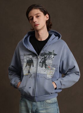 蓝色水洗破坏男孩印花连帽卫衣