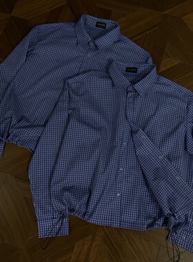 RTIMFD手工收褶皇室蓝格长袖衬衫 cleanfit立体短宽抽绳衬衣miu系