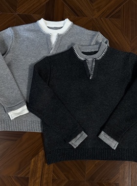 RTIMFD假两件手缝线澳洲进口花纱短宽版型亨利领毛衣针织衫超软糯