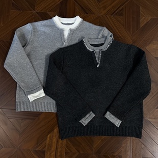 RTIMFD假两件手缝线澳洲进口花纱短宽版型亨利领毛衣针织衫超软糯