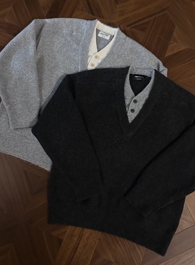 RTIMFD 老钱风深V领假两件毛衣氛围感休闲纽扣针织衫cleanfit宽松