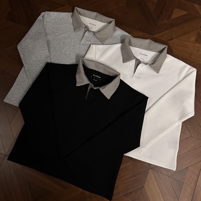 千鸟格拼接polo领卫衣长袖t恤