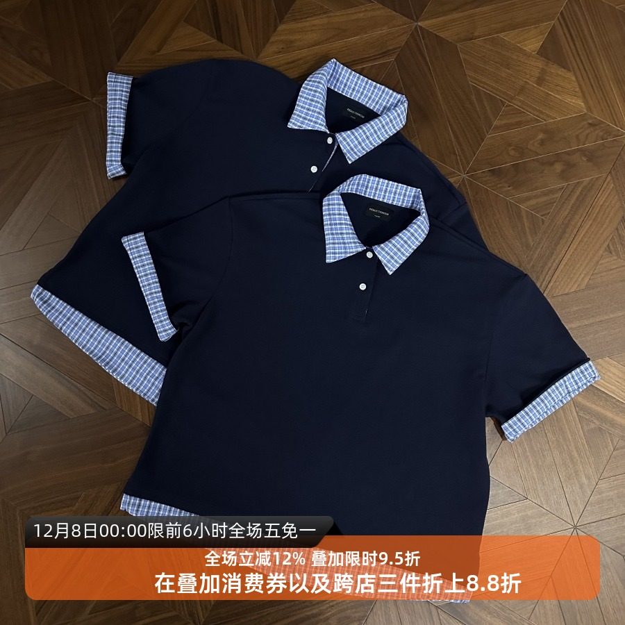 原创正版蓝假两件拼接格纹polo