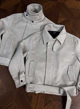 RTIM50羊毛绑带燕麦色夹克斑点彩纱可切换领型正肩利落版拉链外套