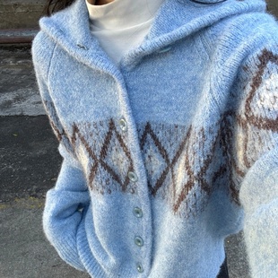 RTIMFD羊毛混纺费尔岛菱形格连帽毛衣秋冬款氛围感针织衫cleanfit