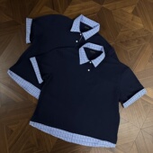 衬衫 RTIMFD 藏蓝色格纹假两件polo领短袖 cleanfit短宽夏高级感T恤