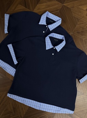 RTIMFD 藏蓝色格纹假两件polo领短袖衬衫cleanfit短宽夏高级感T恤