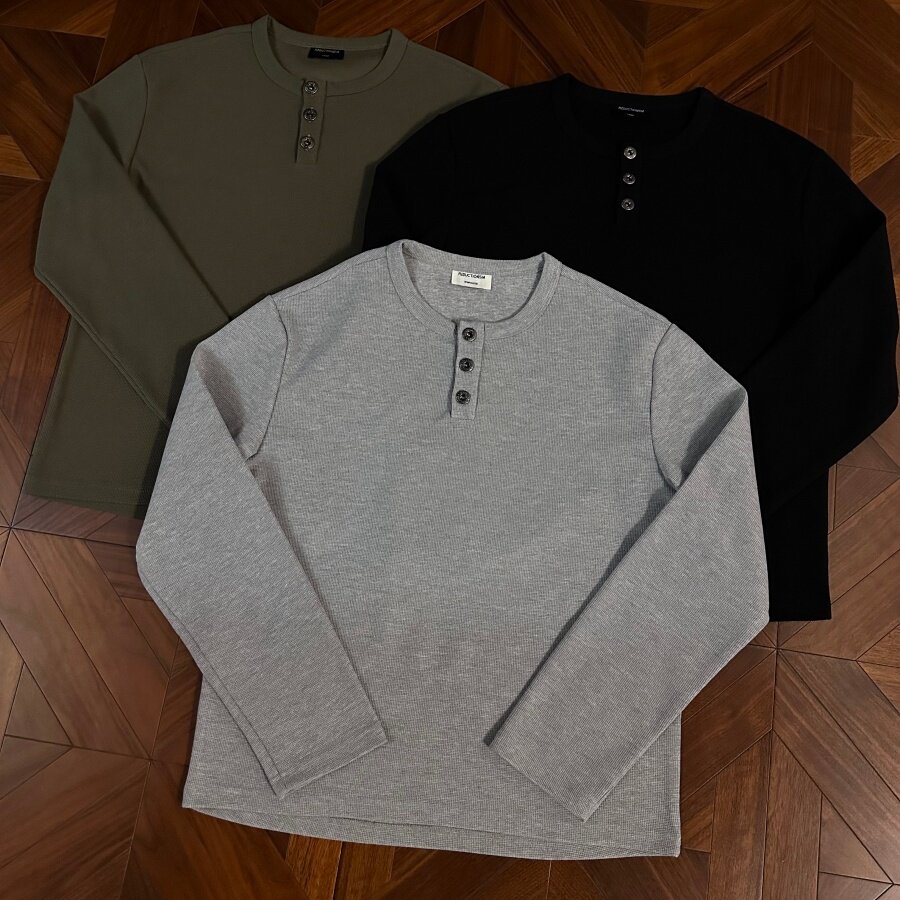 RTIMFD麦穗钻石华夫格亨利领打底长袖复古纯色长袖打底亲肤纹正肩