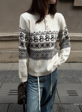 RTIMFD 费尔岛企鹅提花羊毛针织衫毛衣 秋冬款毛衣圆领针织套头衫