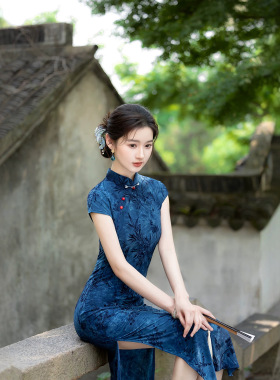 2026新款年轻款女民国风蓝色老上海长款复古修身高端气质改良旗袍
