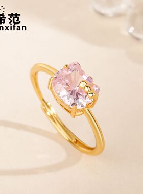 s925纯银KT猫戒指女士猫咪锆石指环可爱精致高级感开口可调节银饰